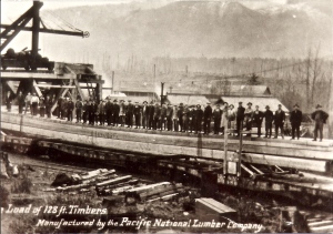 Load of 128-foot timbers, manufactured by Pacific National Lumber Co.